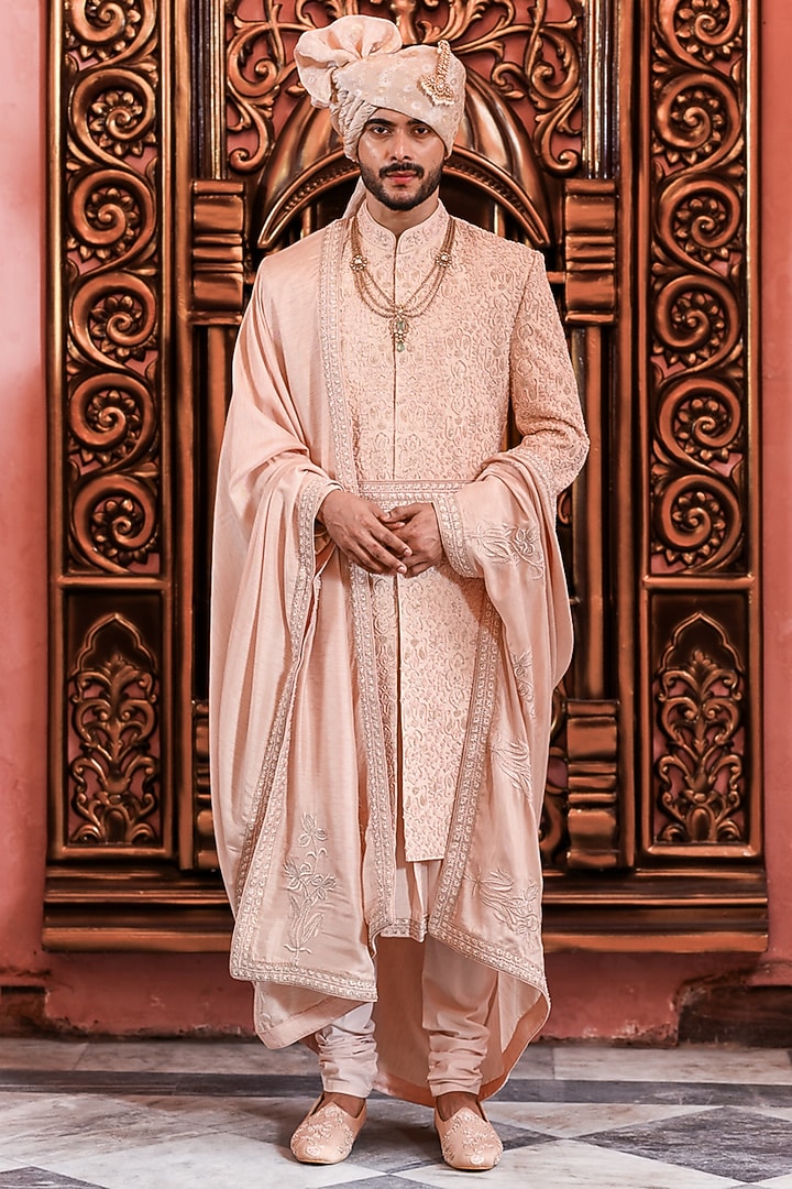 Rose Gold Silk Dori Embroidered Groom Sherwani Set by YAJY By Aditya Jain at Pernia's Pop Up Shop