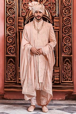Rose Gold Silk Dori Embroidered Sherwani Set by YAJY By Aditya Jain