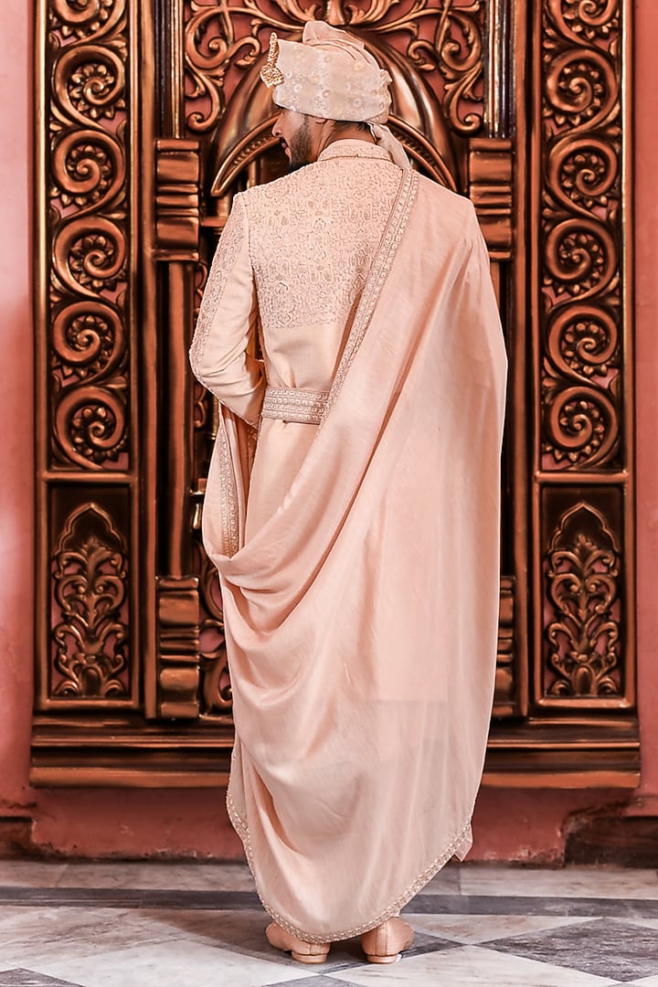 Rose Gold Silk Dori Embroidered Groom Sherwani Set by YAJY By Aditya Jain at Pernia's Pop Up Shop