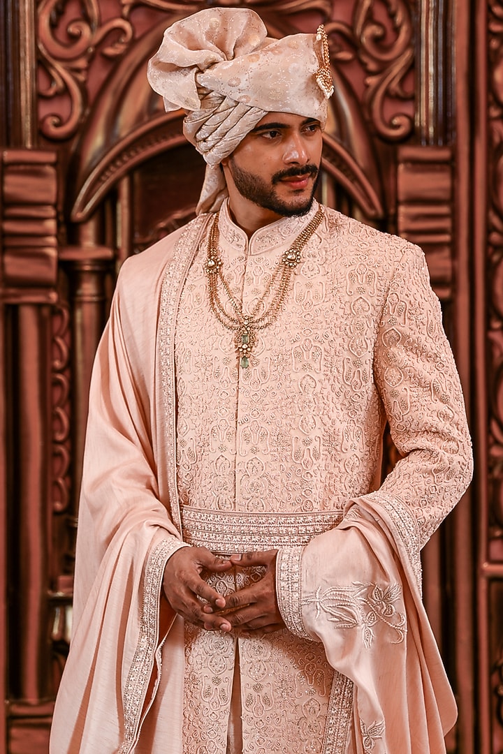 Rose Gold Silk Dori Embroidered Groom Sherwani Set by YAJY By Aditya Jain at Pernia's Pop Up Shop