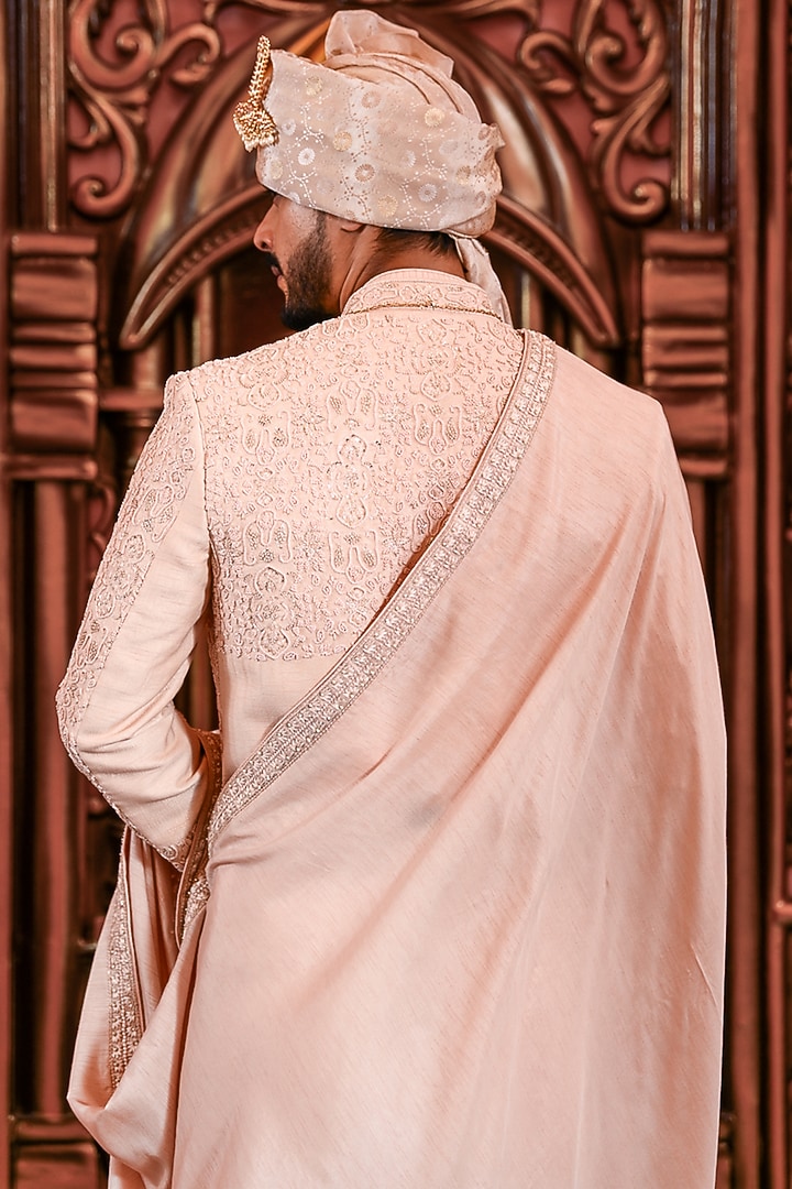 Rose Gold Silk Dori Embroidered Groom Sherwani Set by YAJY By Aditya Jain at Pernia's Pop Up Shop