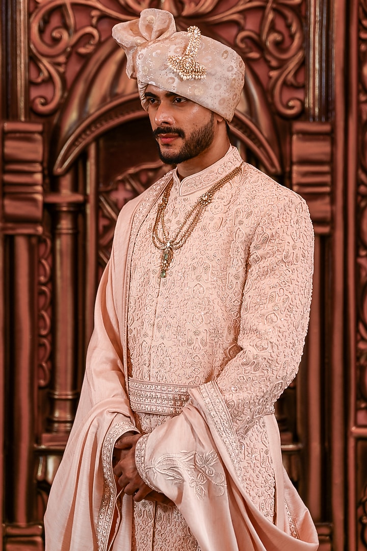 Rose Gold Silk Dori Embroidered Groom Sherwani Set by YAJY By Aditya Jain at Pernia's Pop Up Shop