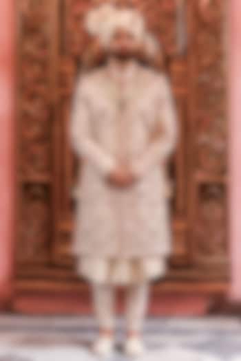 Ivory Silk Zari Embroidered Groom Sherwani Set by YAJY By Aditya Jain at Pernia's Pop Up Shop