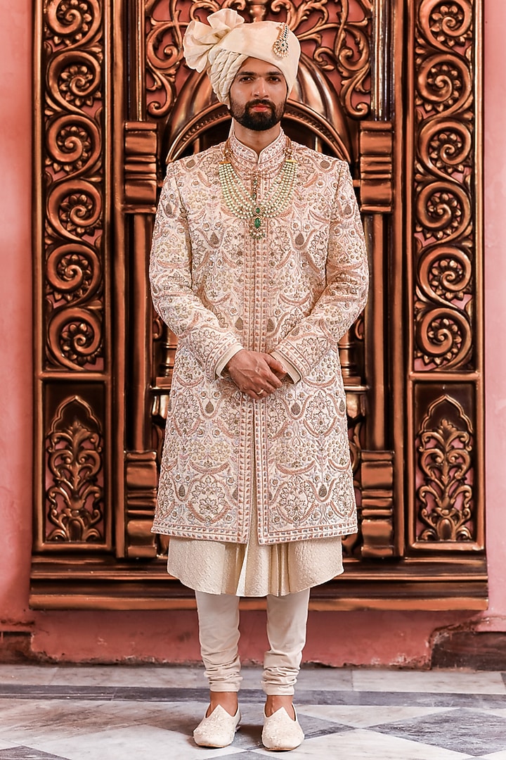Ivory Silk Zari Embroidered Groom Sherwani Set by YAJY By Aditya Jain at Pernia's Pop Up Shop