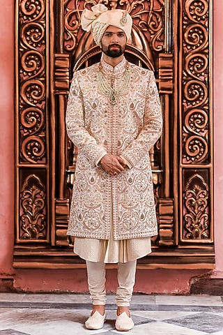 Ivory Silk Zari Embroidered Sherwani Set by YAJY By Aditya Jain