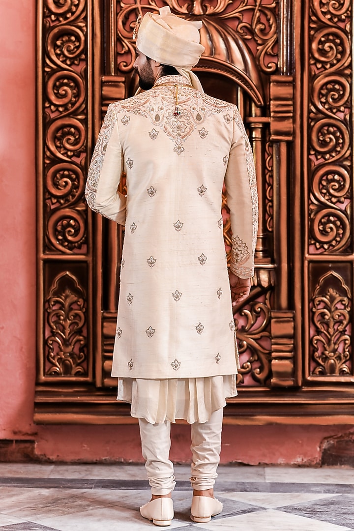 Ivory Silk Zari Embroidered Groom Sherwani Set by YAJY By Aditya Jain at Pernia's Pop Up Shop