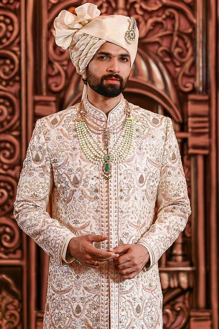 Ivory Silk Zari Embroidered Groom Sherwani Set by YAJY By Aditya Jain at Pernia's Pop Up Shop
