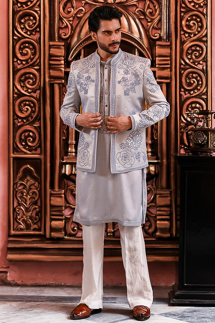 Powder Blue Silk Embroidered Wedding Indowestern Jacket Set by YAJY By Aditya Jain at Pernia's Pop Up Shop