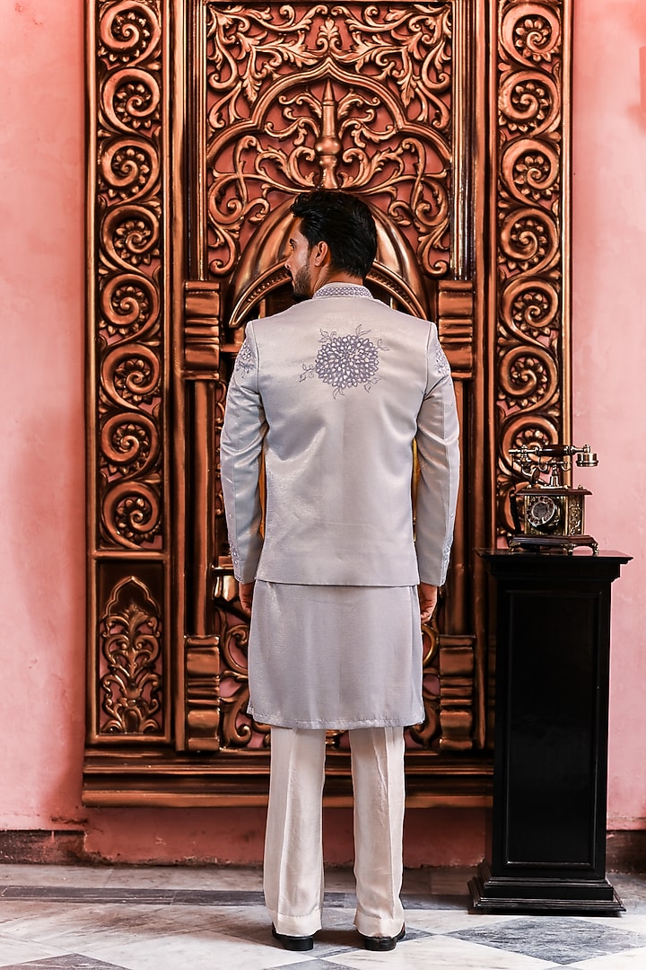 Powder Blue Silk Embroidered Wedding Indowestern Jacket Set by YAJY By Aditya Jain at Pernia's Pop Up Shop
