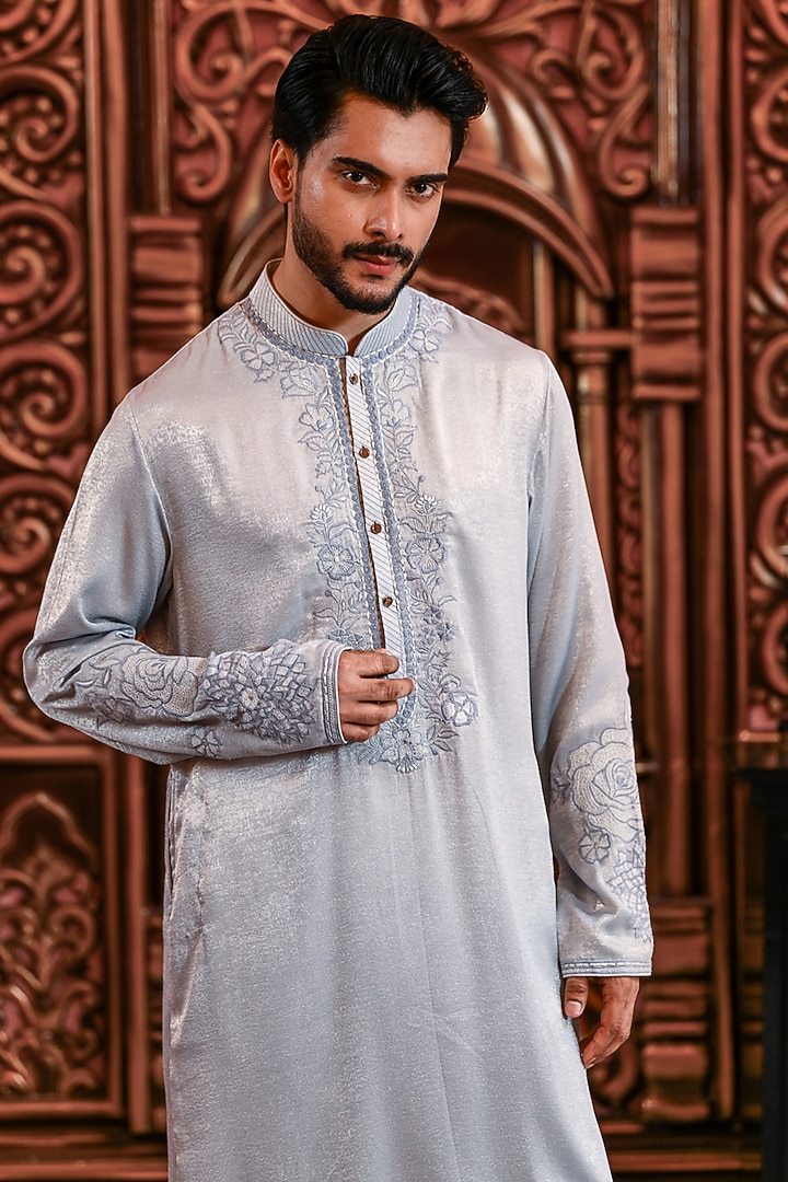 Powder Blue Silk Embroidered Wedding Indowestern Jacket Set by YAJY By Aditya Jain at Pernia's Pop Up Shop