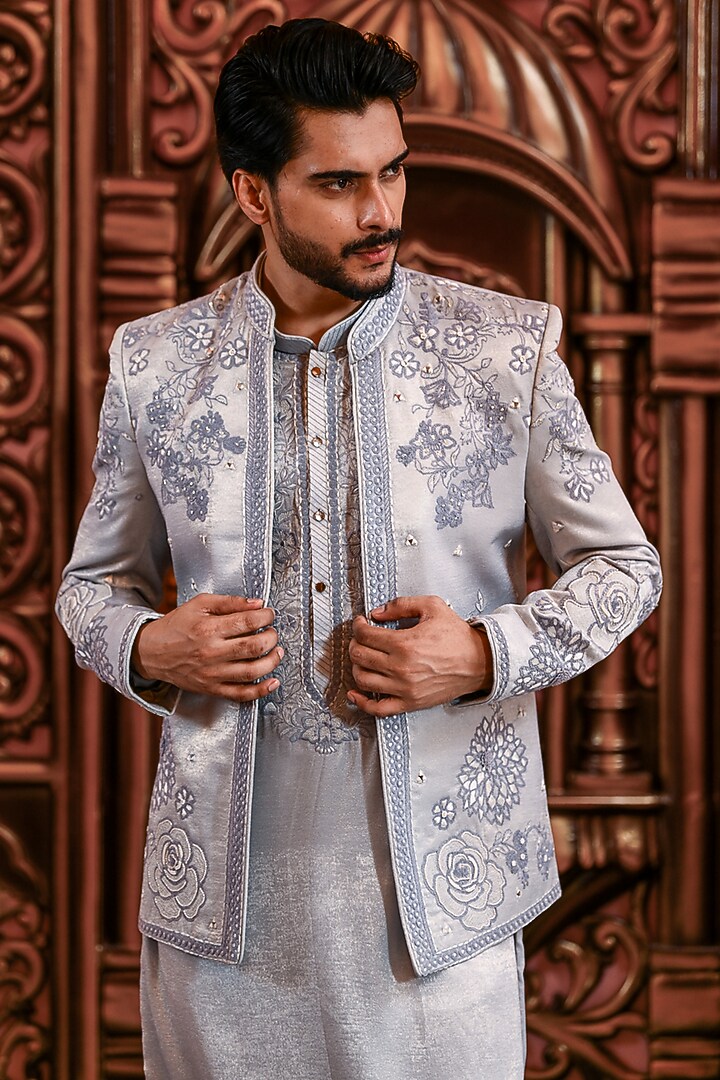 Powder Blue Silk Embroidered Wedding Indowestern Jacket Set by YAJY By Aditya Jain at Pernia's Pop Up Shop