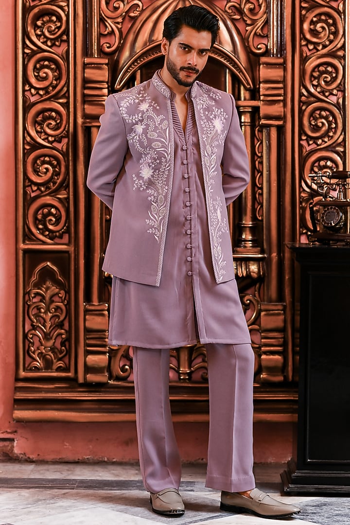 Lilac Italian Suiting Embroidered Wedding Indowestern Jacket Set by YAJY By Aditya Jain at Pernia's Pop Up Shop