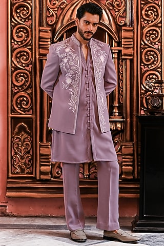 Lilac Italian Suiting Embroidered Indowestern Jacket Set by YAJY By Aditya Jain