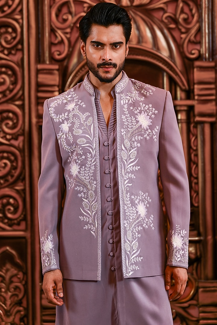 Lilac Italian Suiting Embroidered Wedding Indowestern Jacket Set by YAJY By Aditya Jain at Pernia's Pop Up Shop