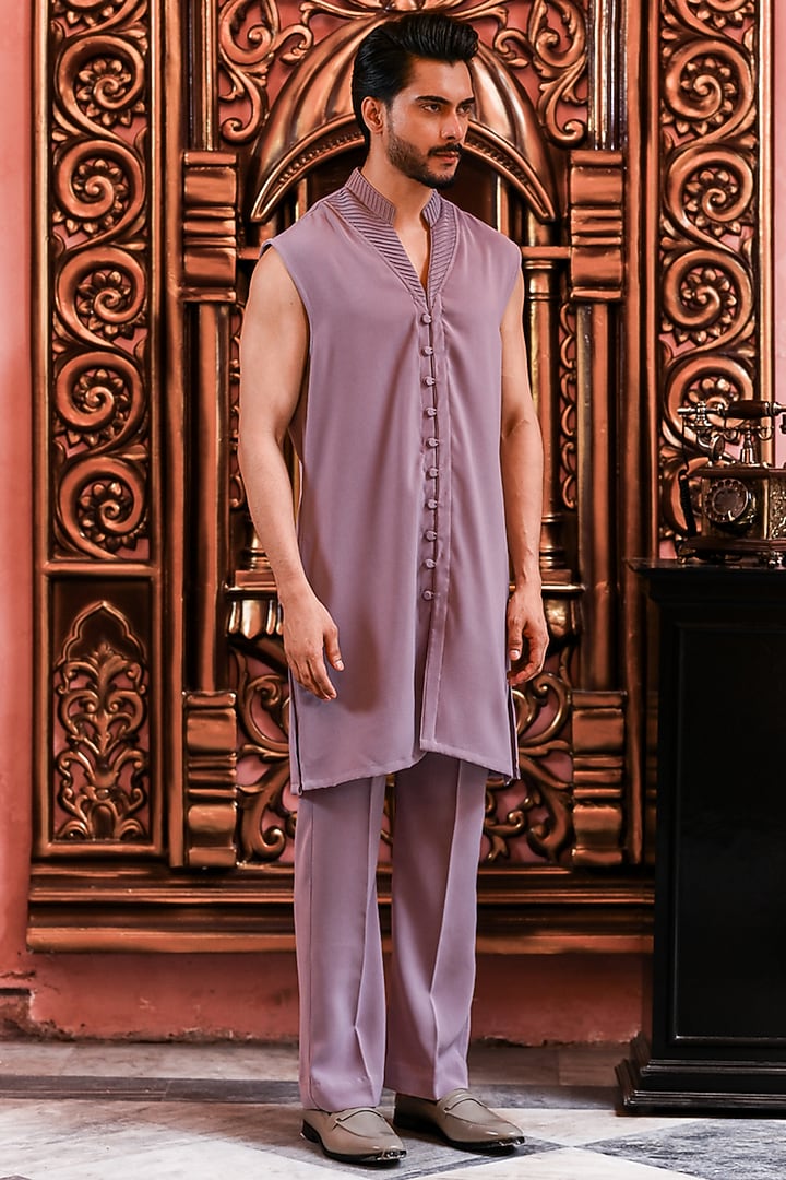 Lilac Italian Suiting Embroidered Wedding Indowestern Jacket Set by YAJY By Aditya Jain at Pernia's Pop Up Shop