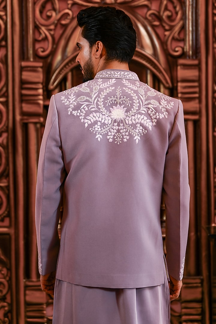 Lilac Italian Suiting Embroidered Wedding Indowestern Jacket Set by YAJY By Aditya Jain at Pernia's Pop Up Shop
