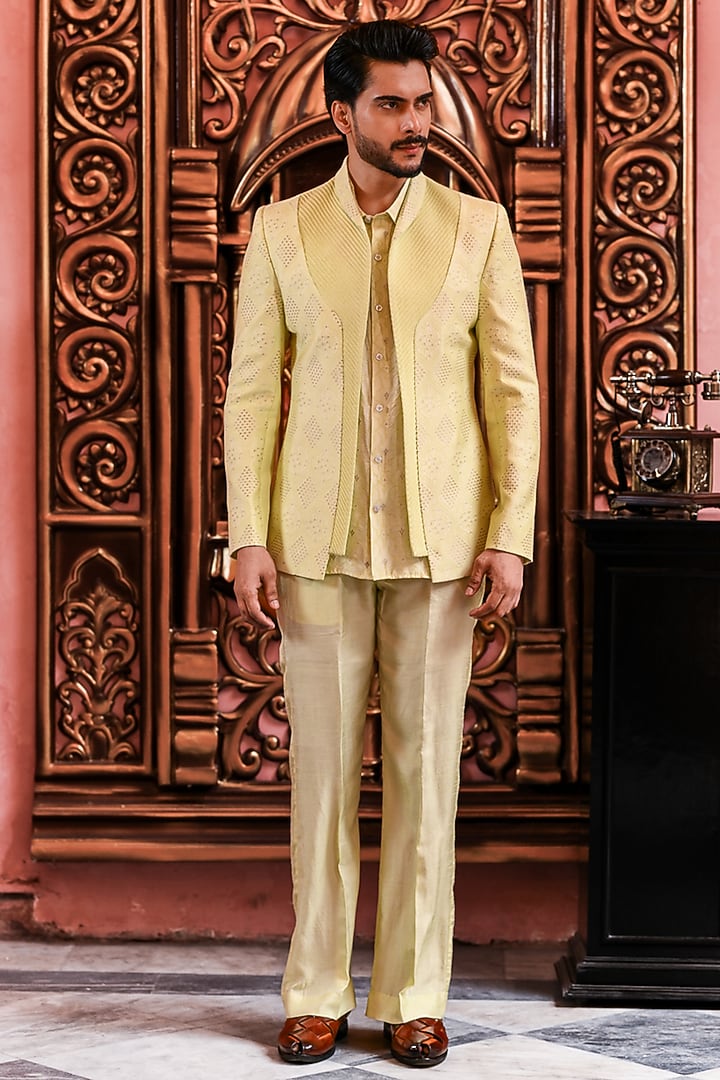 Mint Green Banarasi Silk Wedding Indowestern Jacket Set by YAJY By Aditya Jain at Pernia's Pop Up Shop