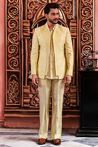 Mint Green Banarasi Silk Indowestern Jacket Set by YAJY By Aditya Jain