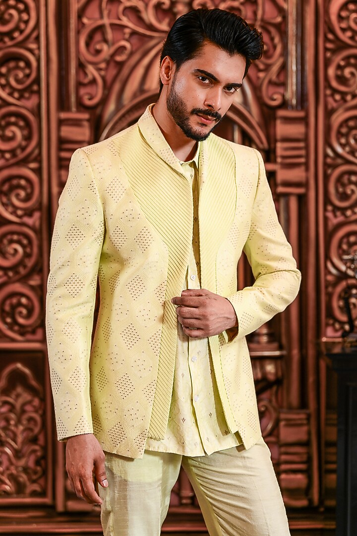 Mint Green Banarasi Silk Wedding Indowestern Jacket Set by YAJY By Aditya Jain at Pernia's Pop Up Shop