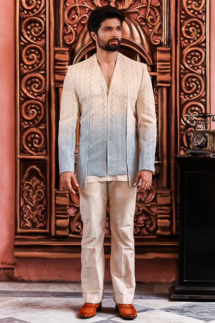 Blue Ombre Chikankari Embroidered Wedding Indowestern Jacket Set by YAJY By Aditya Jain at Pernia's Pop Up Shop