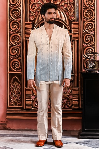 Blue Ombre Chikankari Embroidered Indowestern Jacket Set by YAJY By Aditya Jain