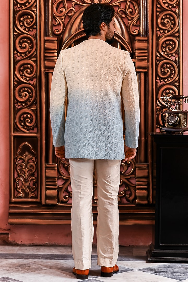 Blue Ombre Chikankari Embroidered Wedding Indowestern Jacket Set by YAJY By Aditya Jain at Pernia's Pop Up Shop