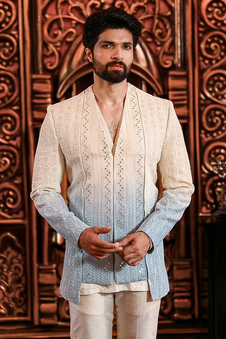 Blue Ombre Chikankari Embroidered Wedding Indowestern Jacket Set by YAJY By Aditya Jain at Pernia's Pop Up Shop