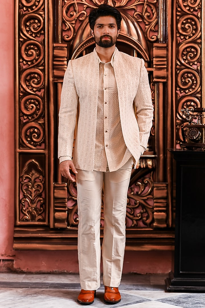 Ivory Chikankari Threadwork Wedding Indowestern Jacket Set by YAJY By Aditya Jain at Pernia's Pop Up Shop