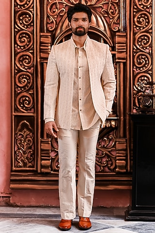Ivory Chikankari Threadwork Indowestern Jacket Set by YAJY By Aditya Jain