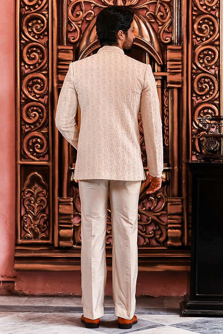 Ivory Chikankari Threadwork Wedding Indowestern Jacket Set by YAJY By Aditya Jain at Pernia's Pop Up Shop