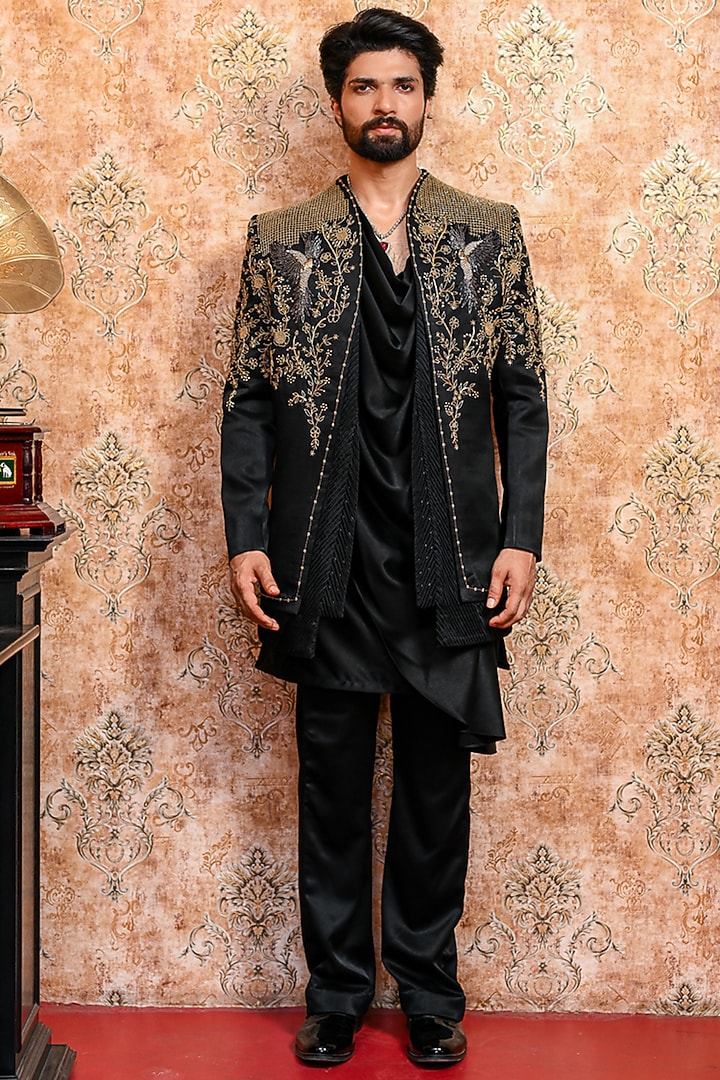 Black Italian Suiting Threadwork Groom Indowestern Jacket Set by YAJY By Aditya Jain at Pernia's Pop Up Shop