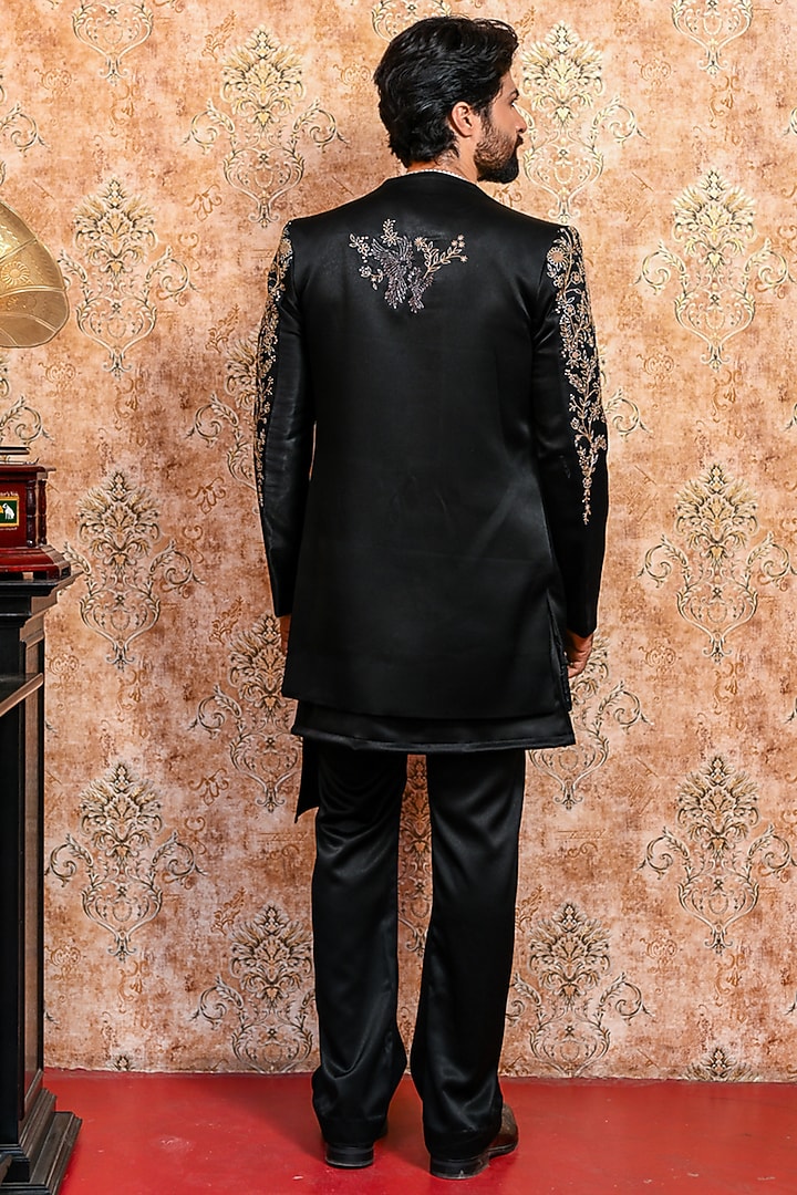 Black Italian Suiting Threadwork Groom Indowestern Jacket Set by YAJY By Aditya Jain at Pernia's Pop Up Shop