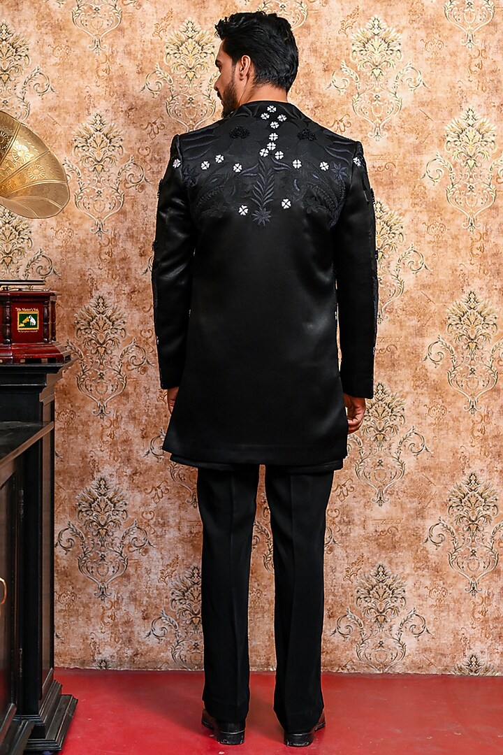 Black Italian Suiting Embroidered Groom Indowestern Jacket Set by YAJY By Aditya Jain at Pernia's Pop Up Shop