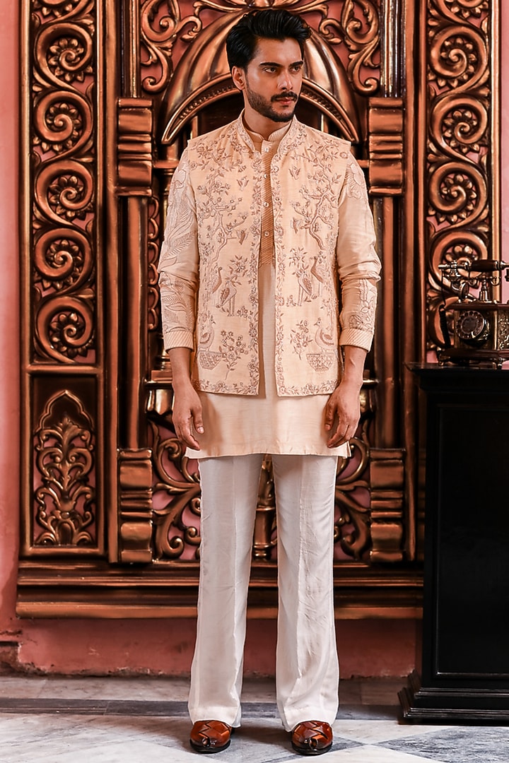 Warm Ivory Silk Embroidered Nehru Jacket Set by YAJY By Aditya Jain at Pernia's Pop Up Shop