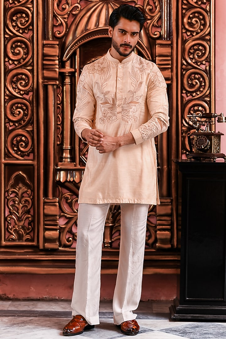 Warm Ivory Silk Embroidered Nehru Jacket Set by YAJY By Aditya Jain at Pernia's Pop Up Shop