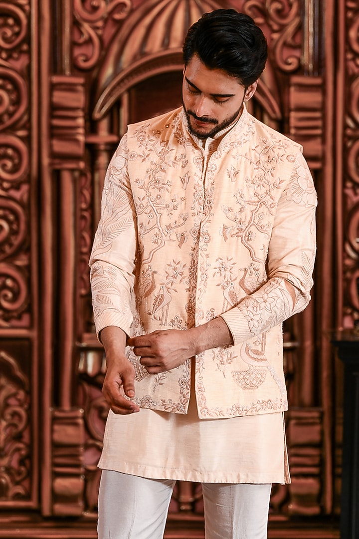 Warm Ivory Silk Embroidered Nehru Jacket Set by YAJY By Aditya Jain at Pernia's Pop Up Shop