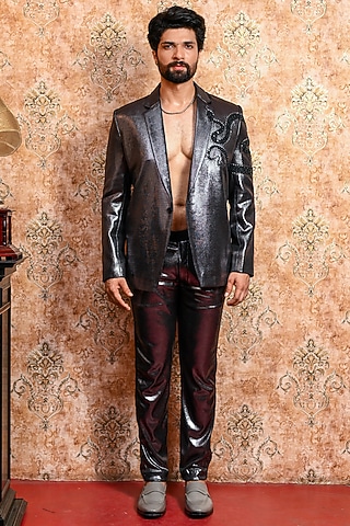 Silver-Black Spandex Tuxedo Set by YAJY By Aditya Jain
