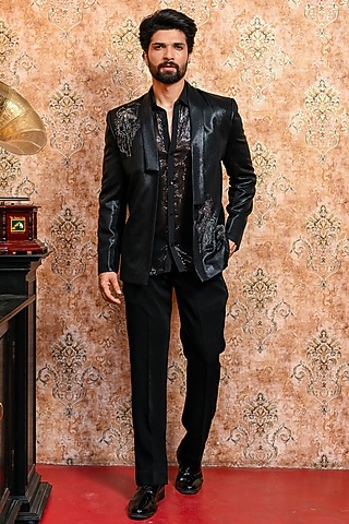 Black Spandex Embroidered Tuxedo Set by YAJY By Aditya Jain