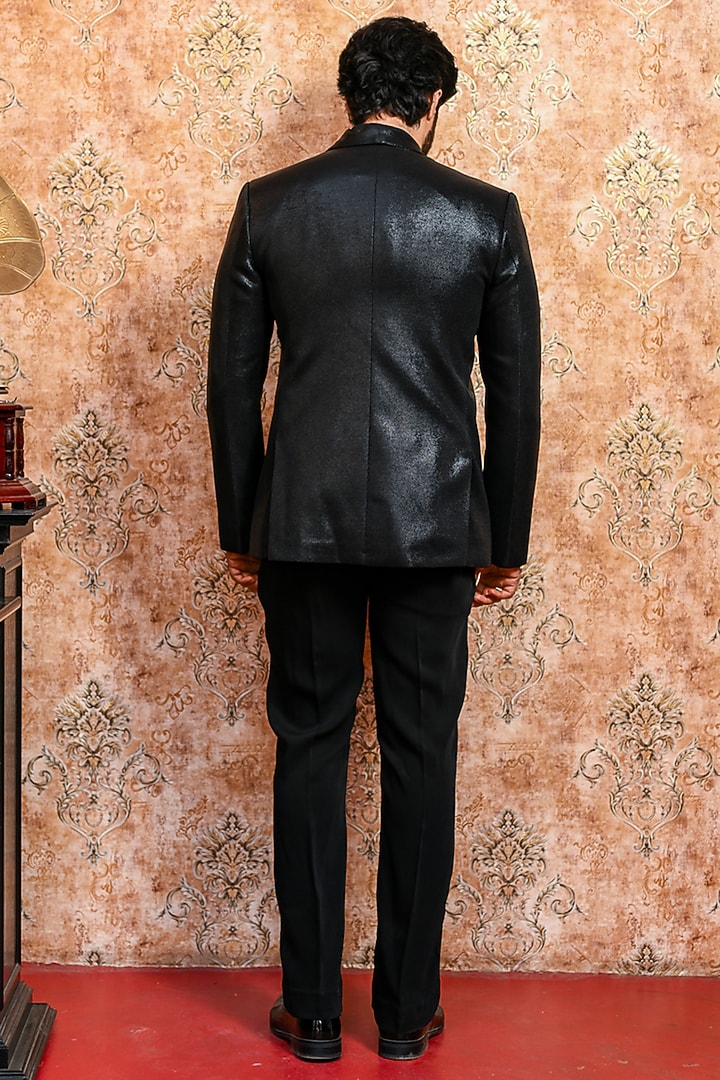 Black Spandex Embroidered Tuxedo Set by YAJY By Aditya Jain at Pernia's Pop Up Shop