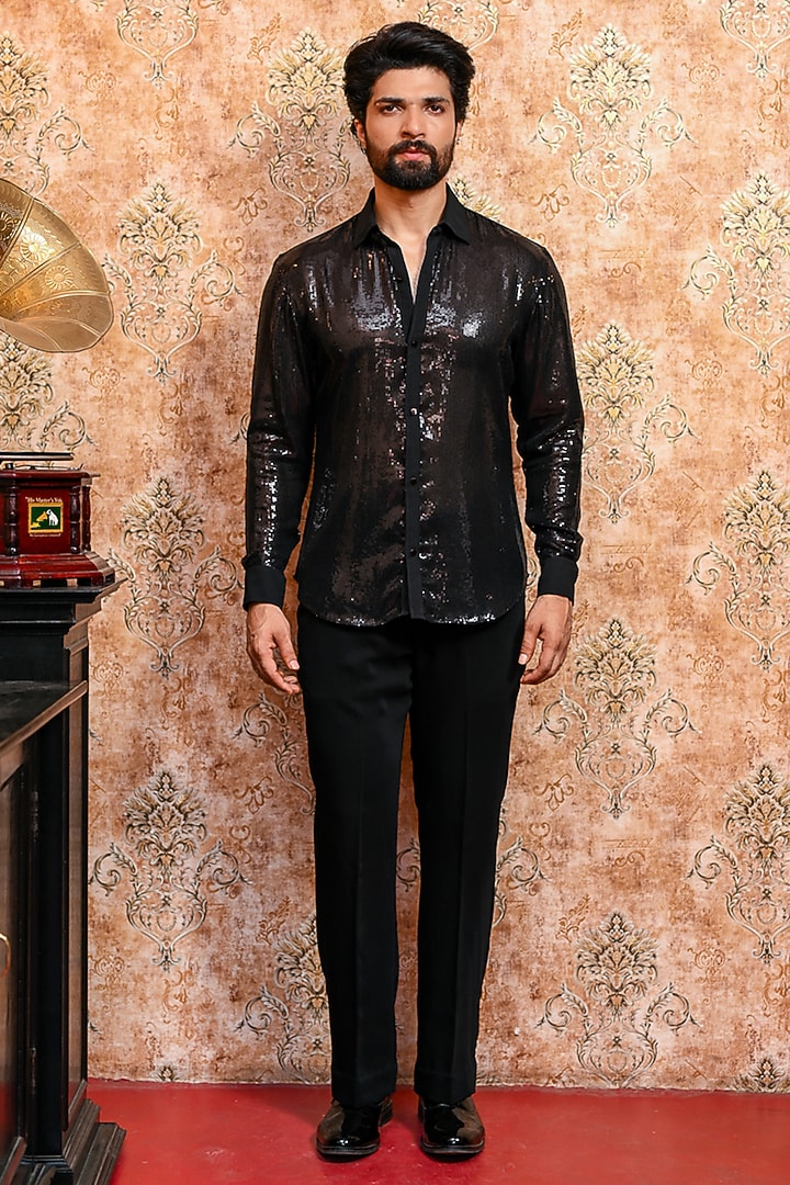 Black Spandex Embroidered Tuxedo Set by YAJY By Aditya Jain at Pernia's Pop Up Shop