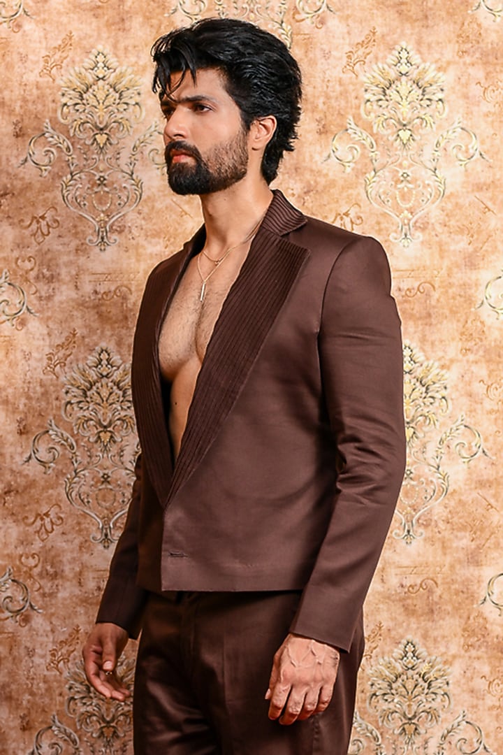 Brown Cotton Cropped Tuxedo Set by YAJY By Aditya Jain at Pernia's Pop Up Shop