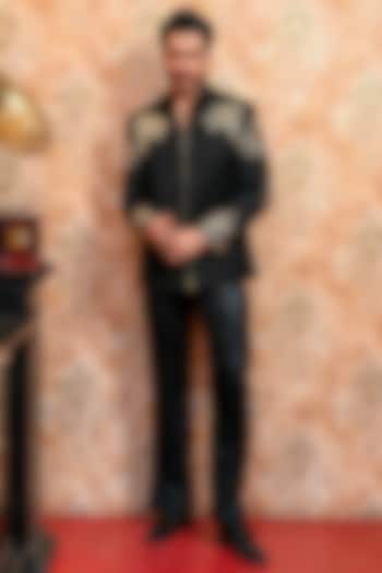 Black Italian Suiting Hand Embellished Bomber Jacket by YAJY By Aditya Jain at Pernia's Pop Up Shop