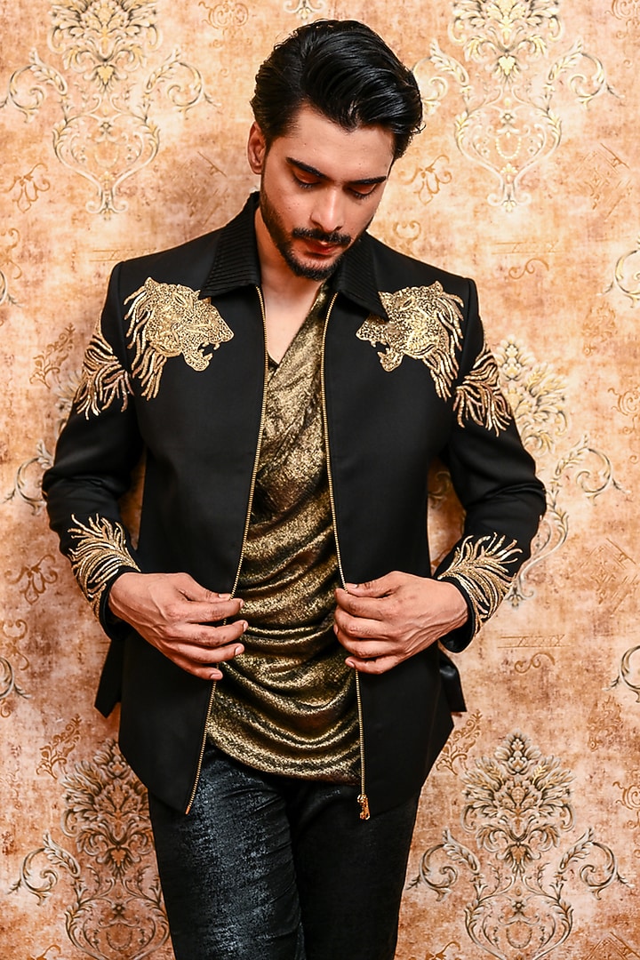 Black Italian Suiting Hand Embellished Bomber Jacket by YAJY By Aditya Jain at Pernia's Pop Up Shop