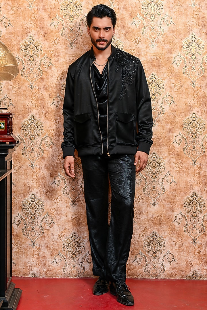 Midnight Black Italian Suiting Hand Embellished Bomber Jacket by YAJY By Aditya Jain at Pernia's Pop Up Shop