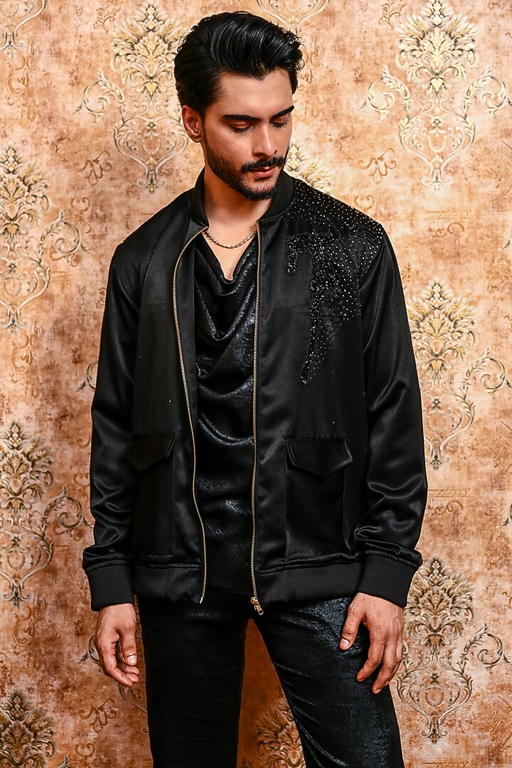 Midnight Black Italian Suiting Hand Embellished Bomber Jacket by YAJY By Aditya Jain at Pernia's Pop Up Shop