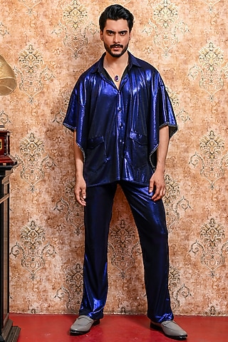 Sapphire Blue Spandex Shimmer Co-Ord Set by YAJY By Aditya Jain