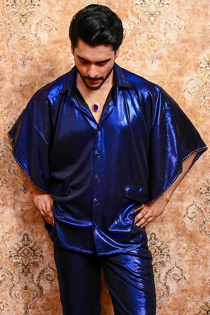 Sapphire Blue Spandex Shimmer Co-Ord Set by YAJY By Aditya Jain at Pernia's Pop Up Shop