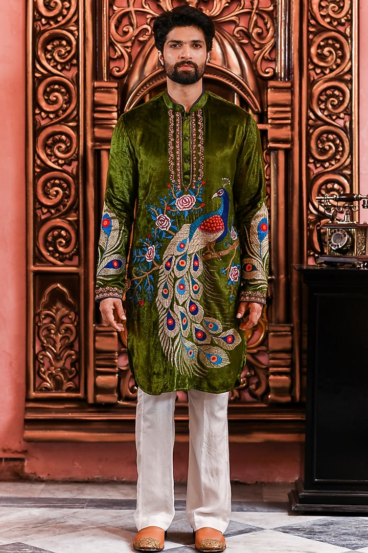 Olive Green Velvet Kurta Set by YAJY By Aditya Jain at Pernia's Pop Up Shop
