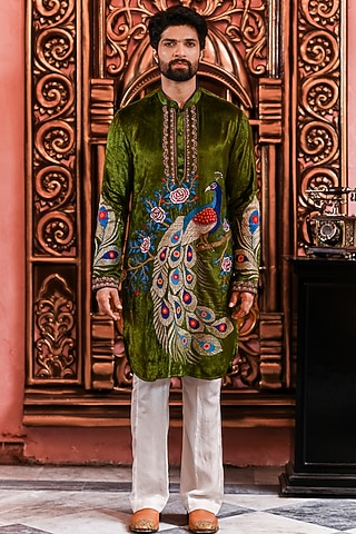 Olive Green Velvet Kurta Set by YAJY By Aditya Jain