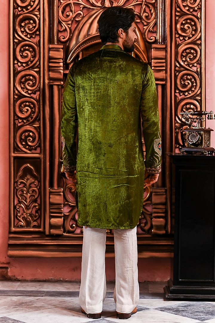 Olive Green Velvet Kurta Set by YAJY By Aditya Jain at Pernia's Pop Up Shop